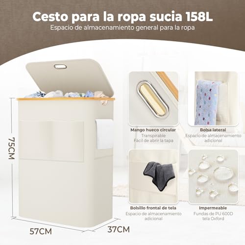 Miniatura 3 de Ousfot Cesto Para La Ropa Sucia De 158 L Con 3 Compartimentos Para Ropa Sucia Con Tapa Y Mango De Bambú, Bolsa De Tela Plegable Con Carga Frontal, Cesto Para La Ropa Beige