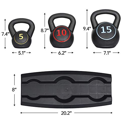 3-Piece Kettlebell Set with Storage Rack for Home Gym - 5lbs, 10lbs, 15lbs