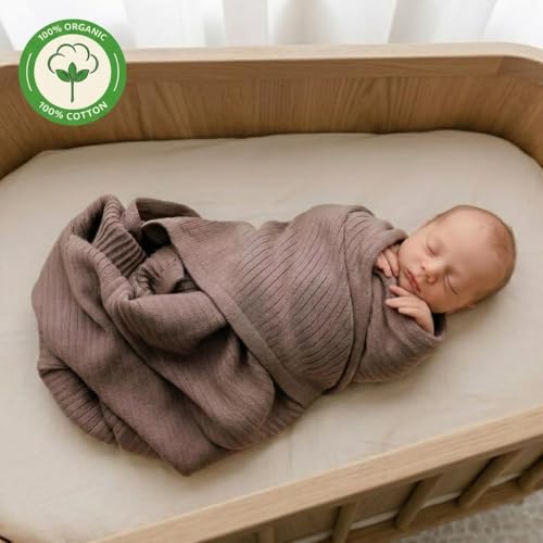 Image of 100% Organic Cotton Knit Receiving Baby Blanket for Newborns - Soft, Breathable Blanket for Crib & Stroller - Nursery Gift (Mochachino)