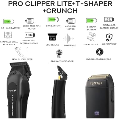 Supreme Trimmer 3-in-1 Barber Bundle | Pro Clipper Lite, T-Shaper Trimmer & Crunch Foil Shaver | Professional Beard Trimmer Mens Hair Clipper Kit | Black