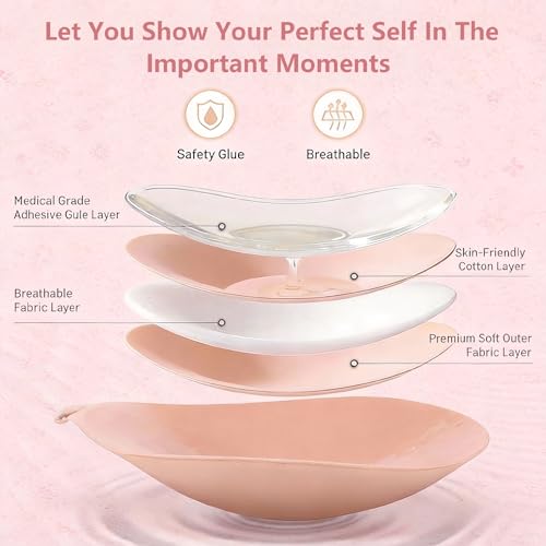 Image of LAZYROSY Sticky Bra Push Up Backless Bras Strapless Stick on Bra Invisible Adhesive Bra with Nipple Covers for Women (Beige+Beige, B)
