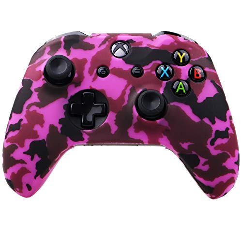 Image of YoRHa Water Transfer Printing Camouflage Silicone Cover Skin Case for Microsoft Xbox One X & Xbox One S Controller x 1(Dark Pink) with PRO Thumb Grips x 8