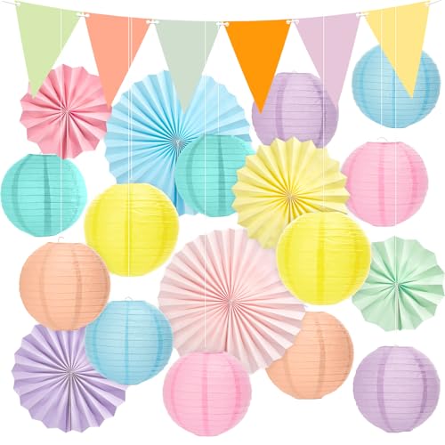 21Pcs Pastel Classroom Decor Colorful Pastel Hanging Paper Lanterns Paper Fans Triangle Flags Banners Set Round Lantern for Back to School Ceiling Supplies Home Indoor Birthday Party Ceremonial Event