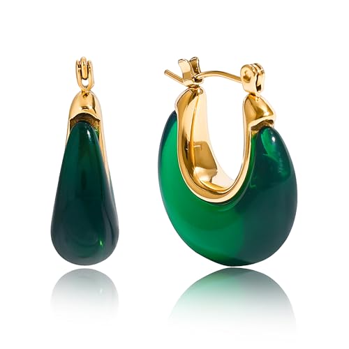 CUFELMU Green Gold Tone Resin Hoop Earrings for Women Vintage Lightweight Drop Earrings Elegant Retro Statement Jewelry for Daily Wear