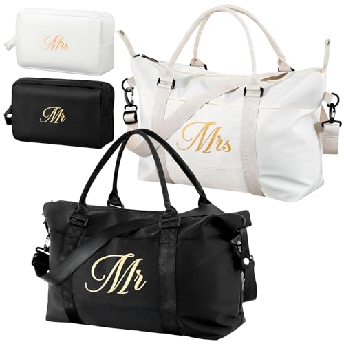 Sanwuta 4 Pcs Wedding Mr Mrs Duffel Bag Set Include 2 Pcs Large Honeymoon Travel Bags and 2 Pcs Toiletry Pouches Weekender Gym Tote for Couple Bride Groom accessories His and Hers Travel Gifts