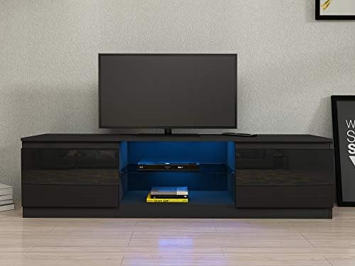 Panana 63inch TV Stand Television Stands TV Console Unit 2 Doors Storage Cabinets With Glass Shelf RGB LED Lighted for TVs up to 65 70 Inches (Black)