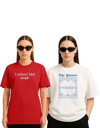 Image of Women's Oversized Cotton Blend Graphic T-Shirt Combo (Pack of 2) | Baggy Fit, Drop Shoulder, Half Sleeves | Sizes S to 2XL