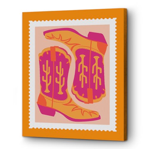 PQV Pink and Orange Western Boots Preppy Western Modern Aesthetic Canvas Art Print for Wall Decor, Living Room, Bedroom, Bathroom, Kitchen