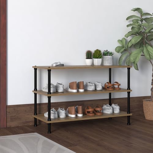 Image of TABLE MAGIC Jazz Shoe Rack Wooden Organizer | 3-Tier Multipurpose Shoes Stand for Home Wooden Shelves with & Steel Frame, Space-Saving Home Organizer, D30 x W60 x H46cm - Golden Teak