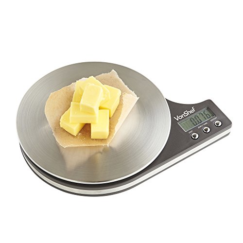VonShef Round Digital Electronic Kitchen Food Scale - 11lb/5kg Capacity - Slim Stainless