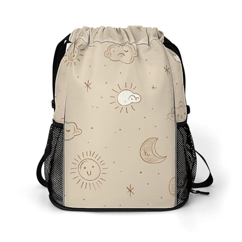 Drawstring Gym Backpack with Shoe Compartment And Wet Pocket, 28L Lightweight Waterproof Beige Simple Doodle Sports Backpack for Workout Swim Beach Travel String Bag for Men Women
