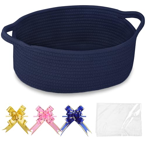 COMSE Small Woven Basket with Gift Bags and Ribbons Gift Basket Empty Cotton Rope Storage Organizer Baby Toy Box with Handles 12 x 8 x 5 Navy Blue