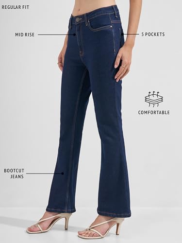 Image of Tokyo Talkies Women Blue Solid Mid Rise Bootcut Jeans