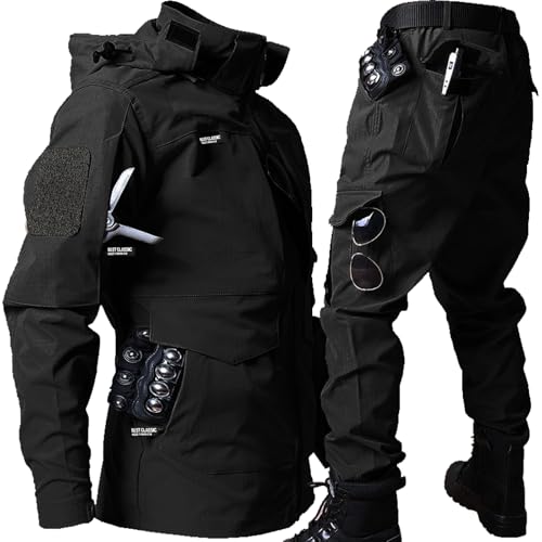Mens Military Uniform Set Detachable Hooded Tacitical Jacket and Pants Suit Hunting Paintball Airsoft Costume Gear Black L
