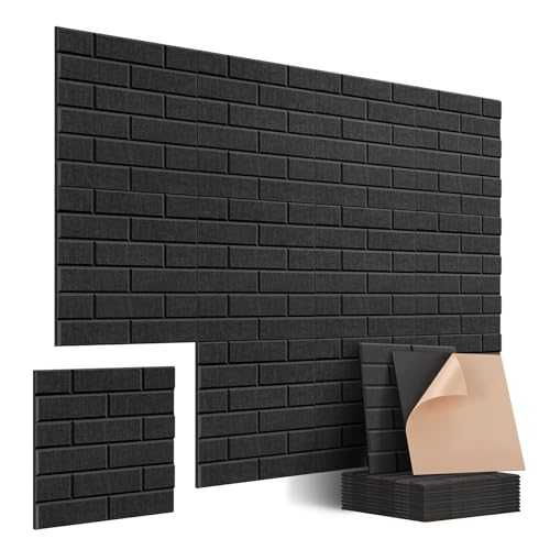 JAMELO 12 Pack Sound proofing Panels, Self-Adhesive 12*12*0.4in Brick Shaped Stylish Acoustic Panels, High Density 3D Insulation Wall Panels for Door, Ceiling, Wall,Studio,Bedroom,Office（Black）