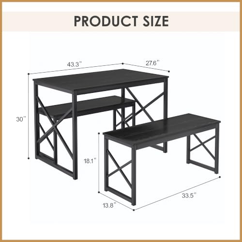 Image of VECELO 43.3 inch Kitchen Dining Table Set for 4, Heavy-Duty Steel Frame & Wood-Grain Tabletop, Space-Saving Dinette Sets with 2 Benches for Breakfast Nook and Small Space, Black