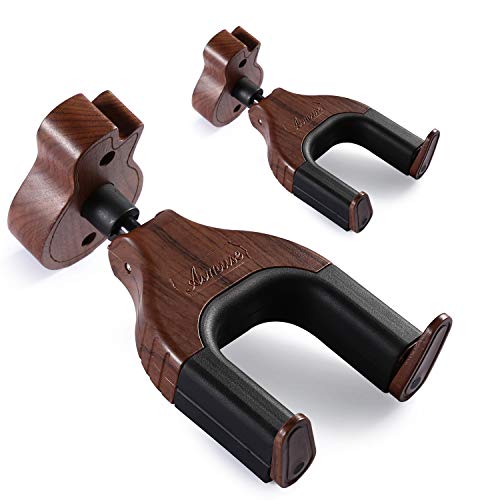 Asmuse Guitar Wall Mount Hanger Auto Lock Hanger Hook for Wall 2 Pack Electric Bass Guitar Acoustic Folk Classical Guitar Ukulele Natural Black Walnut Base