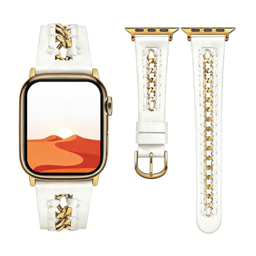 Image of HANDODO Italian Genuine Leather Band with gold chain details, Compatible with Apple Watch Series 11 10 9 8 7 6 5 4 3 2 1 SE SE2 Ultra 2 /3, SGS Certified Fashion Dressy Strap for women men