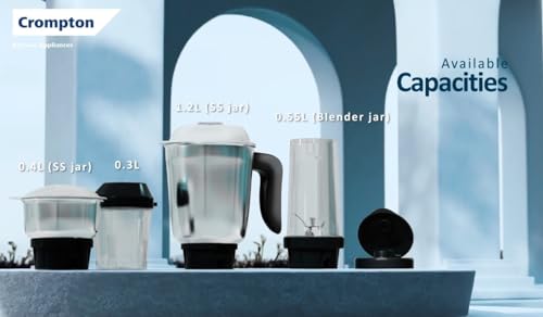 Image of Crompton Nigella Pro 500W Mixer Grinder | 4 Jars (1.2L, 500ml, 400ml, 350ml) | 30 Min Continuous Grinding | Motor Vent-X Technology | Anti-Skid Base | Black | Life Active Series