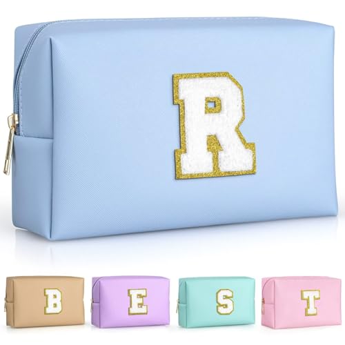 TOPEAST Cosmetic Travel Bags for Women, Preppy Small Makeup Bag, PU Leather Waterproof Toiletry Bag, Unique Friendship Gifts for Friends Coworker, Cute Stuff for Girls (Sky Blue R)