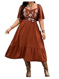 BEAUDRM Women's Plus Size Western Cowgirl Dresses Flowy Boho Maxi Dress Floral Embroidered Ruffle Short Sleeve Country Outfit Brown X-Large Plus