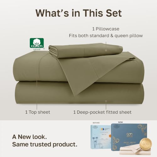Image of California Design Den 100% Cotton Sateen XL Twin Sheet Set, 3 Pcs | Soft 500 Thread Count Backed by Good Housekeeping Seal, All-Around Elastic, OEKO-TEX certified- Pamelo Olive