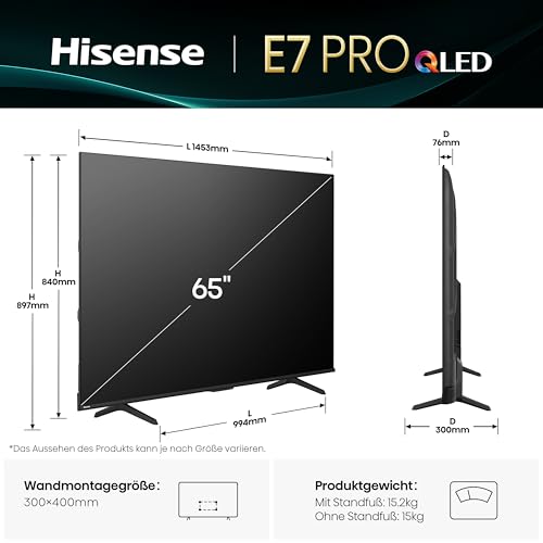 Hisense 65E7Q PRO Fehrnseher,65 Zoll, 4K UHD QLED, Smart TV,144Hz Game Mode PRO,Filmaker Mode, AMD FreeSync Premium,AI HDR Upscaler… – Ansicht 2