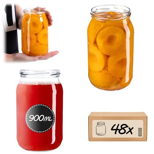 KADAX Lot de 48 bocaux de conservation en verre 900 ml avec couvercle à visser fi82 mm - Grands bocaux en verre avec couvercle Twist Off pour concombres -...