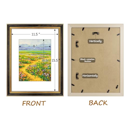 Image of Golden State Art,12x16 Ornate Picture Frame Holds 8.5x11 Photo,Black Gold | Includes real glass front,white mat,build-in hangers and buttons.Displays 8.5x11 photo on wall