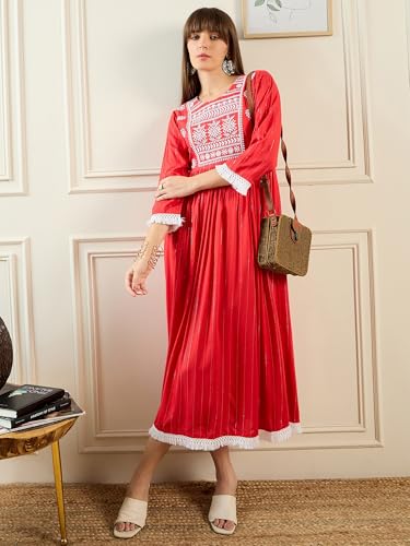 Image of INDO ERA Women's Red Viscose Rayon Embroidered Midi A-Line Ethnic Dress (SHTUR7147)