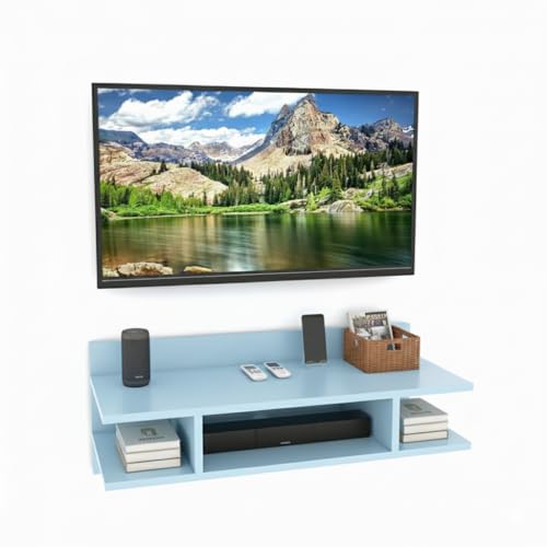 Image of Engineered Wood Set Top Box Stand | Wall Mounted TV Unit Shelf for Router, WiFi, DVD, Gaming Console | Sturdy & Space Saving TV Accessory Organizer (Brown, 50 x 20 x 15 cm) (Sky Blue)
