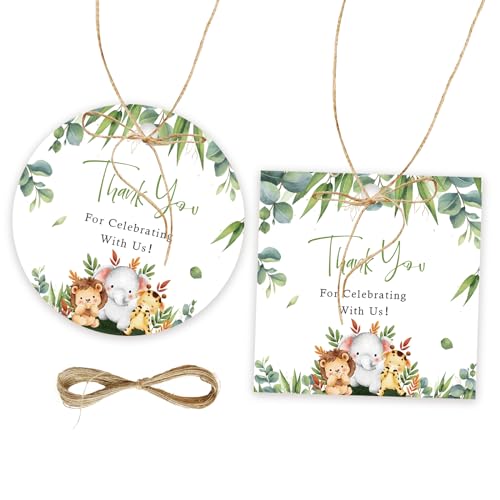 50pcs Jungle Safari Thank You Tags, Wild Animals Gift Tag with String for First Birthday Party, Round Thank You Paper Tags for Birthday/Engagement Party Favor