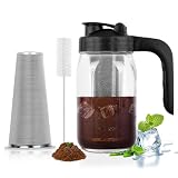 Cupluw Cold Brew Coffee Maker Pitcher,32 Oz Glass Mason Jar Pitcher with V-shaped Pour Spout Handle Lid,Stainless Steel Filter for Iced Coffee,Iced tea,Breast Milk,Fruit Drinks,lemonade-Black