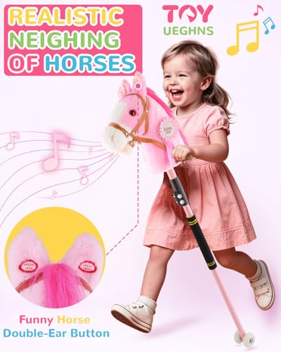 Image of Pink Stick Horse, Adjustable Height Plush Hobby Horse Stick Toy for Girls with Flashing Wheels & Realistic Neigh Sounds Birthday Gift Riding Pretend Play Toy Ages 4+