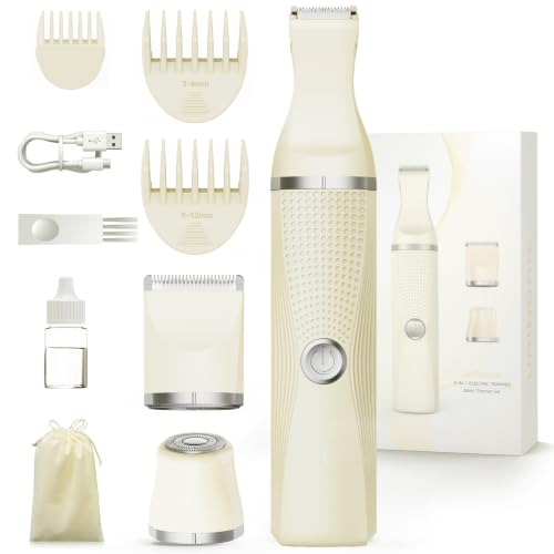 Unibono Pubic Hair Trimmer Women - Waterproof Bikini Trimmer, Rechargeable 3-in-1 Electric Razor, Personal Trimmer Groomer for Body Hair, Cordless Lady Shaver for Legs, Underarms, Face (Cream)