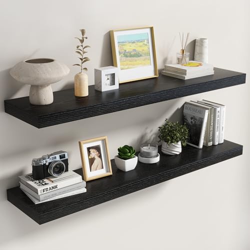 Image of Dreamland Black Floating Shelves 48 Inch Long,8 Inch Deep Floating Shelves,48 inch W x 8 inch D Wall Shelves for Bedroom,Living Room,Kitchen,Bathroom,Set of 2
