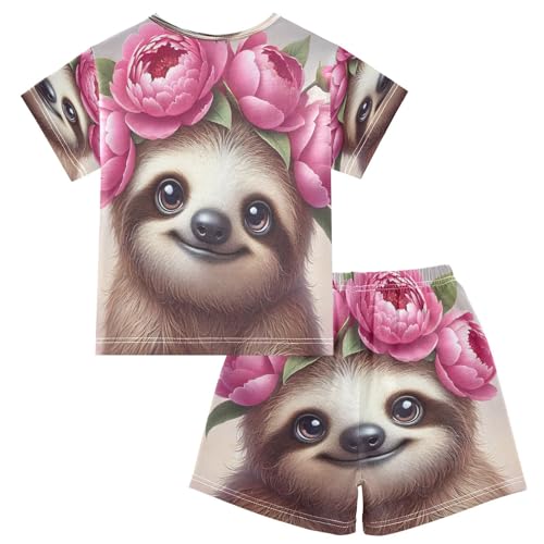 Sloth Flower Pajama Set Short Sleeve Summer Pajamas Shorts Sets PJ Clothes Set Soft 5Y2