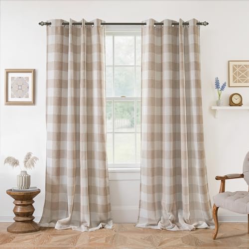 DriftAway Buffalo Plaid Blackout Curtains Linen Textured Farmhouse Double Layer Thermal Insulated Yarn Dyed Woven Checkered Gingham Grommet Drapes for Living Room 2 Panels Each 52W x 96L Taupe