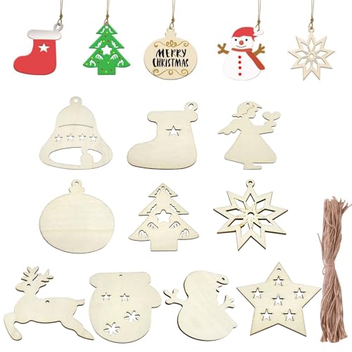 Qaixwuyi 20 colgantes de Navidad, adornos de madera para árbol de Navidad, sin pintar, juego de 20 diseños, colgante de madera, decoración para árbol de Navidad