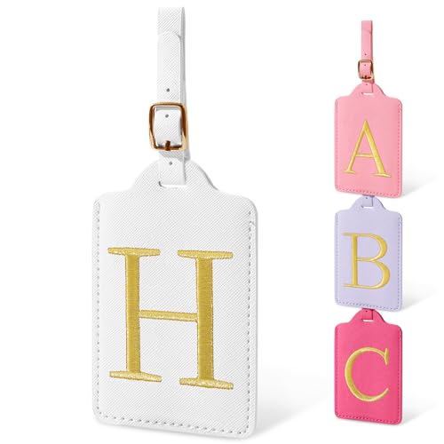 Image of Initial Luggage Tags for Suitcases, Cute Embroidered Letter Luggage Bag Suitcase Identifier Name Baggage Tag, PU Leather Travel Luggage Tags, Bag Tags for Men Women Kids Luggage Handbags(White H)