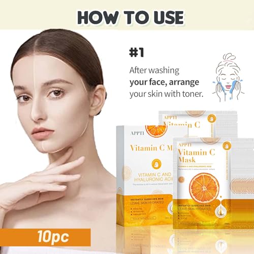Sheet Mask, Vitamin C Face Masks, 10Pcs Face Masks Skincare, Hydrating Face Mask with Hyaluronic Acid, Face Masks Beauty, Anti-aging Face Mask Set, Anti Dark Spots Sheet Masks for All Skin. - Image 8