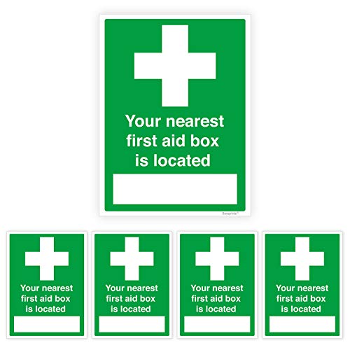Image of Pack of 5 First Aid Sticker Sign (150 x 200 mm) Self adhesive Waterproof First Aid Kit Vinyl for Hospitals Safty Signs Stickers Sara Prints®
