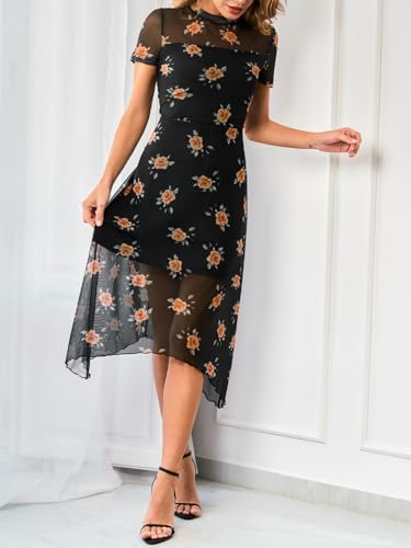 CUPSHE Women's Summer Dresses Sheer Floral Mesh Short Sleeve Midi Dress Fitted Casual Vacation Party Wedding Guest Dress - Image 5