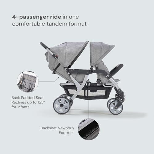 Image of Familidoo H4E Quad Stroller Wagon for Kids, 4-Seater Daycare Baby Stroller with 5-Point Safety Harness, Lightweight & Foldable with All Reclining Seats, Double Canopy & Rain Cover (Gray)