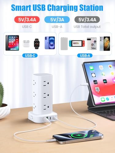 Tower Power Strips with Surge Protection, 6FT Flat Extension Cord with Multiple Outlets, 12 AC 4 USB Ports, Overload Protection Charging Station for Office Home Dorm Room Travel (White) - 2