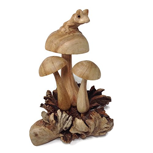 Garden Age Supply Frog on Mushroom Hand-Carved Wood Accent