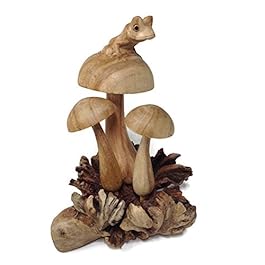 Frog on Mushroom Hand-Carved Wood Accent, Wooden Mushroom with Frog Figurine, Decorative, Wood Home Decor, Garden Ornament, Decoration for Home, Office, Outdoor Space, Planter, Bookshelf, Mantle