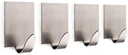 Adhesive Hooks,3M Self Adhesive Bathroom Hooks Coat Robe Rack Kitchen Hooks for Utensils Towels Wall Mount,for Jewelry Organizing, Hat Hooks, Coat Hook Brushed Stainless Steel - 4 Pack