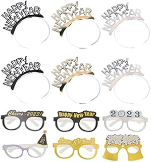 Amosfun 12Pack 2023 Happy New Year Eyeglasses Headband Set Fancy New Year Party Glasses Funny Eyewear Glitter Hair Tiara for 2023 New Years Eve Party Decorations Party Favor