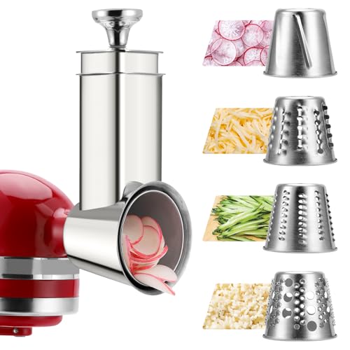 Stainless Steel Slicer Shredder Attachment for KitchenAid Mixers, Dishwasher Safe Cheese Grater Attachment, Food Slicer & Vegetable Chopper Accessory-4 Blades
